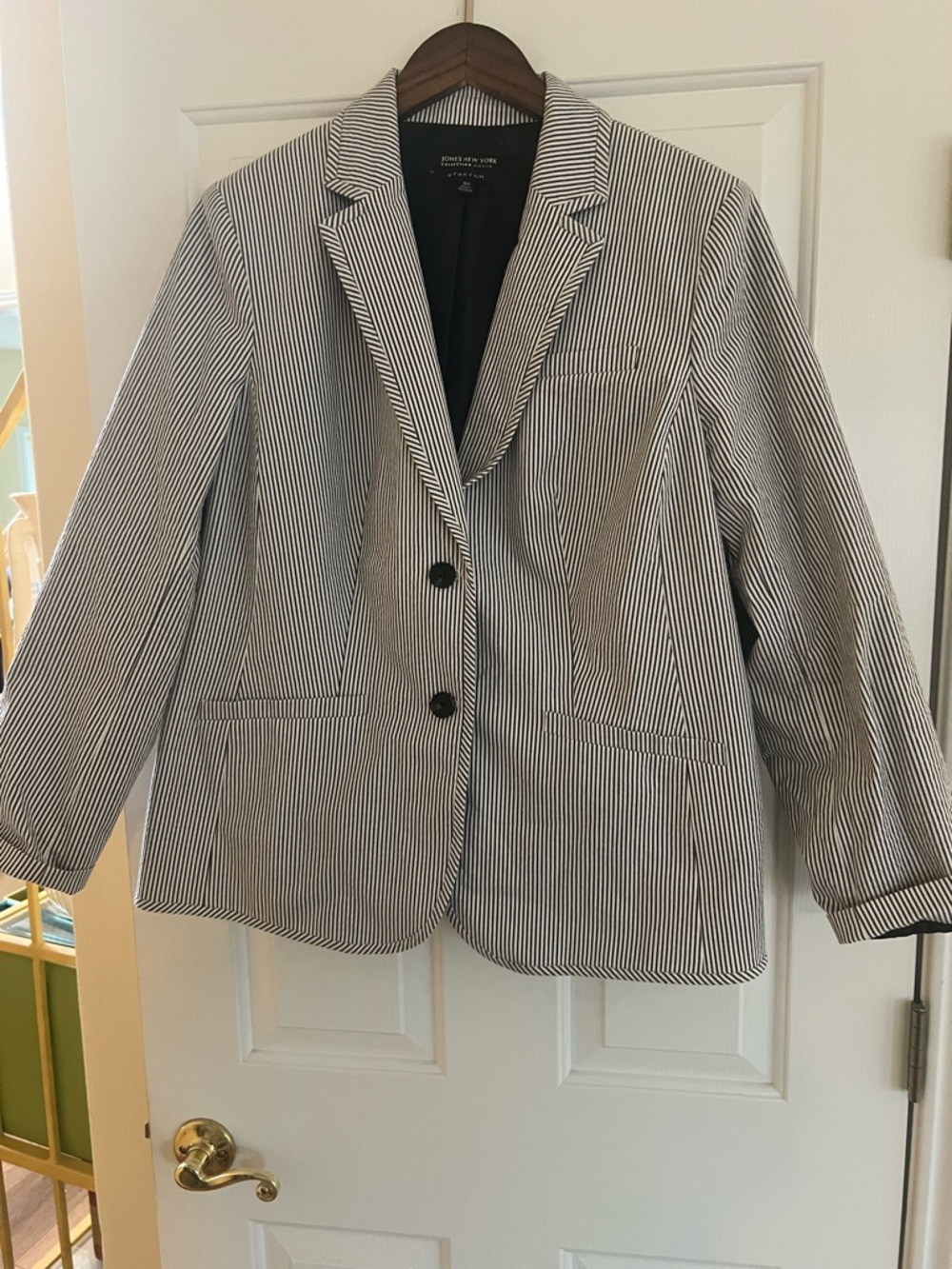 Jones New York Collection Woman Stretch Cotton Black and White Stripe Blazer 16W